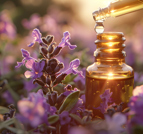 bottle of essential oil with dropper above purple flowers representing natural beauty and wellness 4 benefits of aromatherapy