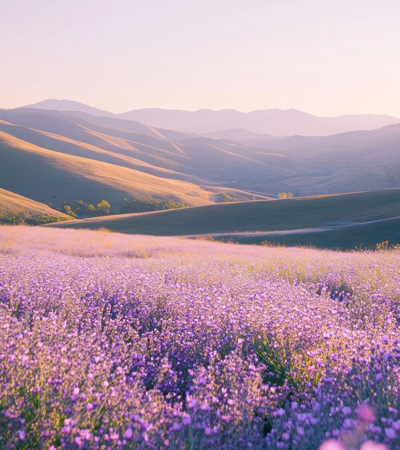 vibrant purple flower field with rolling hills in the background showcasing natural beauty and serenity perfect for peaceful outdoor moments with 3 scenic views