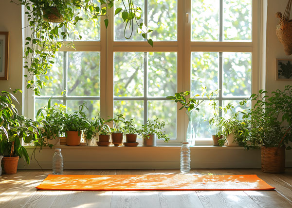 bright and serene indoor yoga space with orange mat surrounded by lush green plants and sunny window light