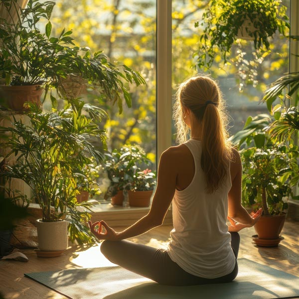 woman meditating in a bright room surrounded by greenery and plants promoting relaxation and mindfulness in a serene atmosphere for mental well being and spiritual growth